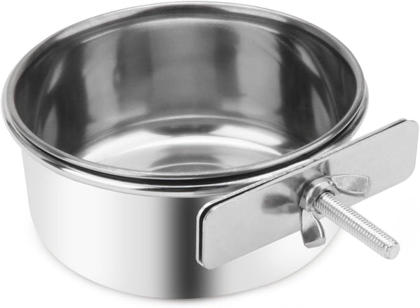 Pet Food Water Bowl with Clamp Holder - Stainless Steel Coop Cup Hanging Feeder for Dog, Bird, Cat