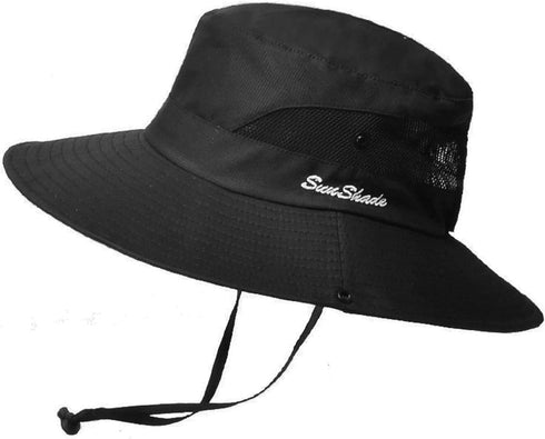 Women's Summer Beach Hat, Wide Brim Outdoor UV Protection Packable Mesh Bucket Hat with Ponytail Hole