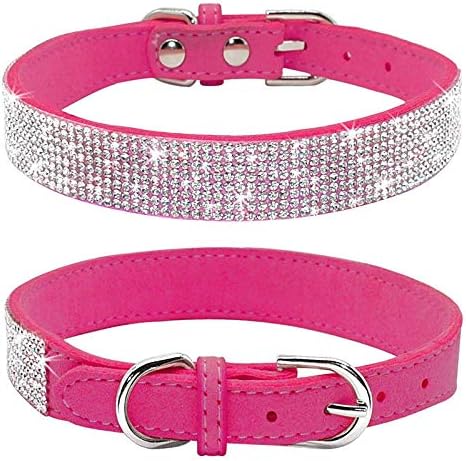 Rhinestone Dog Collar, Cute Dazzling Sparkling Soft Suede Leather Collar, Crystal Diamond Pet Collar (Hot Pink, XXS)