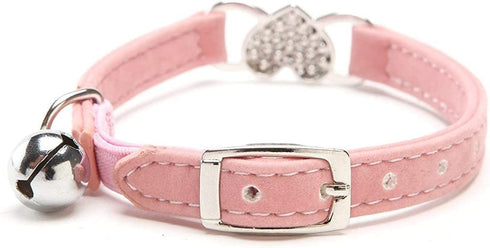 CHUKCHI Pink Soft Velvet Adjustable Cat Collar with Crystal Heart Charm and Bells, 8-11 Inches (Black+Pink)