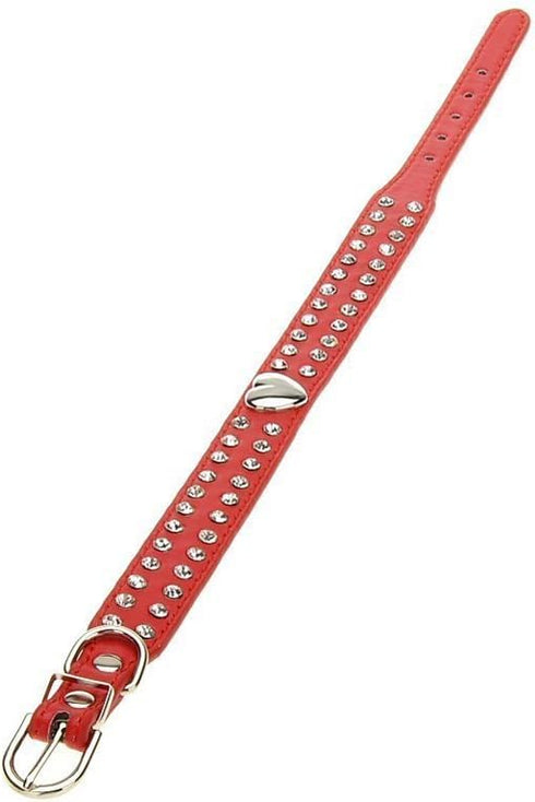 Cute 2 Rows Rhinestone Bling Heart Studded Leather Dog Collar for Small or Medium Dogs, Red, Small