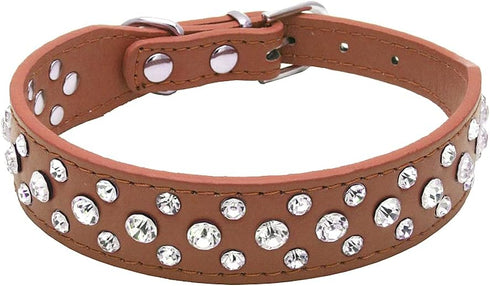 Rhinestone Dog Collar, Bling PU Leather Crystal Diamond Collar for Pet Dog Cat Puppy, S M L XL (L, Brown)