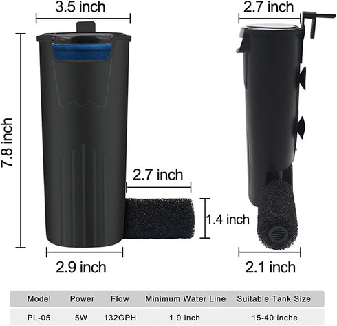 PULACO Internal Aquarium Filter for 3 to 20 Gallons, Ideal for Turtle Tanks, Reptiles, Amphibians, and Fish