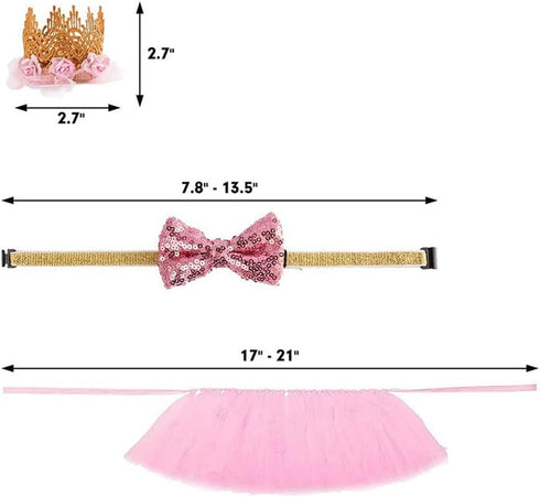 Dog Tutu Skirt, Dog Birthday Party Supplies Pink Bowtie and Crown Hat Skirt Pet Outfit Dog Princess Costume for Wedding Halloween Christmas Holidays