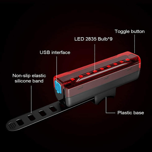 USB Rechargeable Bike Tail Light 2 Pack, Ultra Bright LED Rear Light, 50 Hours Runtime, 5 Light Modes, IPX5 Waterproof