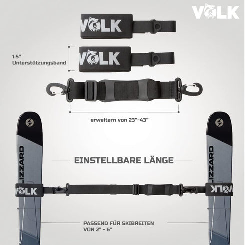 Volk Ski Strap and Pole Carrier - 2 Sets per Pack, Adjustable Size for Easy Transportation of Ski Gear