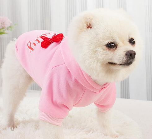Female Dog Hoodie Sweatshirt with Hat - Cotton Coat, Bowtie, Leash Hole, Chihuahua Clothing for Small Girl Pup