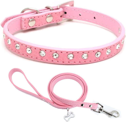 Puppy Collar and Leash with Bling Diamond, Sparkly Rhinestone Glitter Jewel Collars for XXS XS Small Medium Dogs