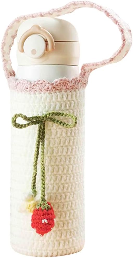 Yangshine Handmade Crochet Water Bottle Holder with Handle Strap, Crochet Strawberry Cup Sleeves