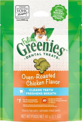 Veterinarian-Recommended 2.1 oz. Greenies Cat Treats, Feline Adult Natural Dental Cat Treats, Oven Roasted Chicken