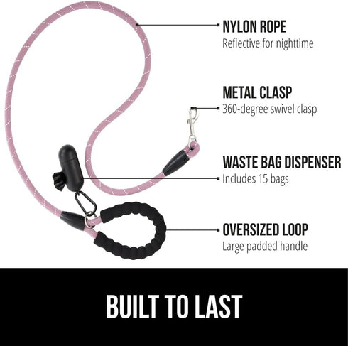 Gorilla Grip Heavy Duty Dog Leash - Soft Handle, Strong Reflective Rope for Night Walking, Pink