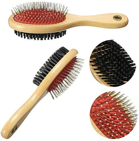 Wooden Dog Brush Double Sided, Pet Hair Grooming Brush for Dogs & Cats, Pin and Bristle Soft Brush for Cleaning