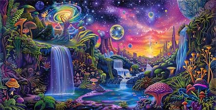 Aquarium Background with Galaxy Space Planet Design, Waterfall Landscape Tapestry for Fish Tank