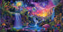 Aquarium Background with Galaxy Space Planet Design, Waterfall Landscape Tapestry Fantasy Mountain Wave Wall Tapestry Mysterious Neon Plants Fish Tank with Mushroom Design