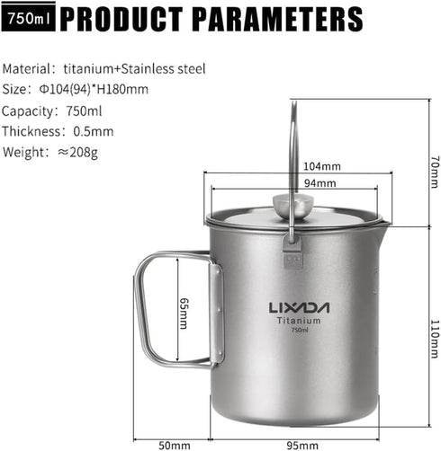 Lixada Titanium Pot 750ml Camping Coffee Cup Mug, French Press Pot with Folding Titanium Spoon