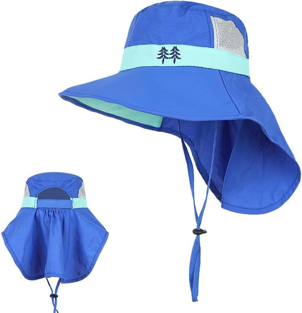 Kids Fishing Sun Hat with Neck Flap - Wide Brim Bucket Hiking Safari Cap with Ponytail Hole, Breathable UPF50+
