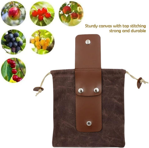 Foraging Bag Brown Waxed Canvas Collapsible Outdoor Camping Pouch, Water Resistant Leather Bushcraft Belt, Mushroom
