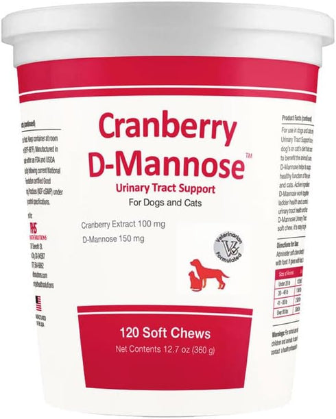 Cranberry D-Mannose Urinary Tract Support Supplement - 120 Soft Chews for Cats and Dogs, Bladder and UTI Treatment