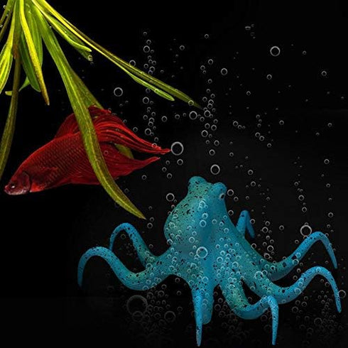Aquarium Octopus Decoration, Fluorescent Silicone Ornament with Suction Cup for Fish Tank, Blue