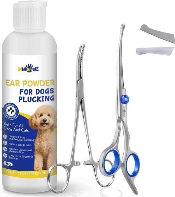 Dog Ear Hair Removal Kit Ear Powder, Safety Round Tip Scissors &