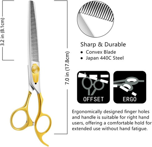 HASHIMOTO Thinning Shears for Dogs | 46 Teeth, 7.0 inch | 30% Thinning Rate | Lightweight and Balanced