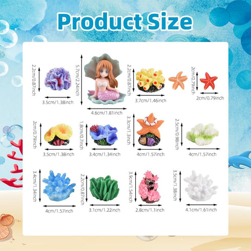 Micro Landscape Decor Coral 13PCS, Fake Coral Ornament Resin Mini Coral Starfish Shell Mermaid Miniature Coral Figurines for Aquarium Tank Decorations Miniature Moss Landscape DIY