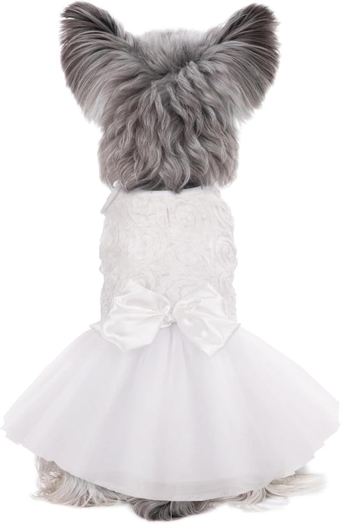 Kuoser Dog Dress, Adorable Pet Wedding Dresses for Small Medium Girl Dogs, White Princess Outfits with Lace Pearl Bow