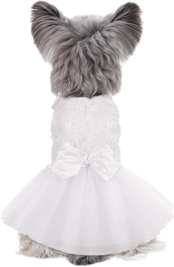 Kuoser Dog Dress, Adorable Pet Wedding Dresses for Small Medium Girl Dogs, White Princess Outfits with Lace Pearl Bow