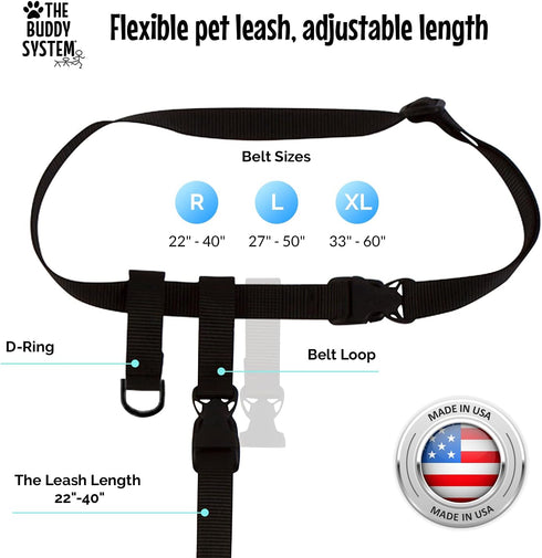 The Buddy System Adjustable Hands-Free Dog Leash for Running and Training Service Dogs, USA Made, Large Belt