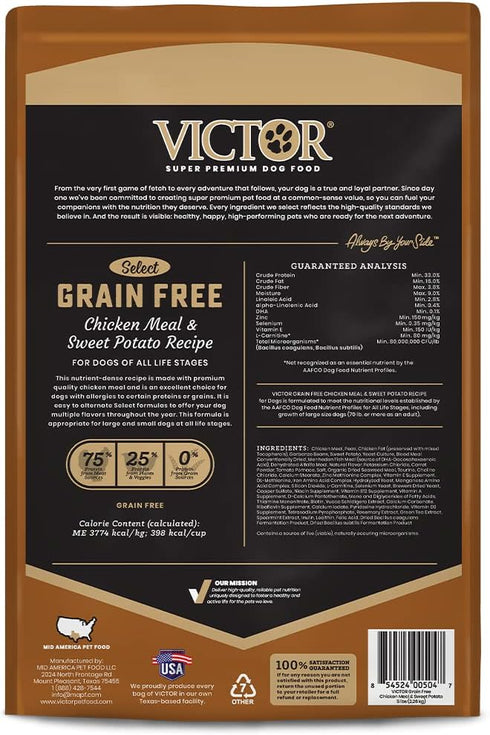Victor Super Premium Grain Free Dog Food, Chicken Meal & Sweet Potato Recipe, High Protein, 5 lb