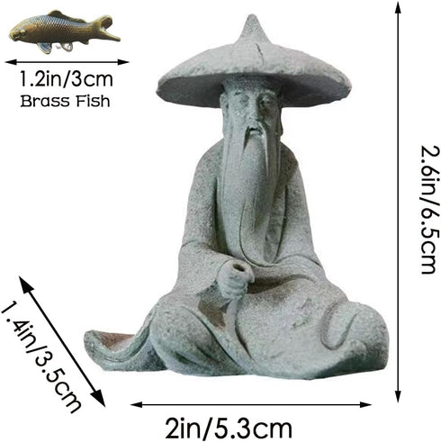 Mini Fisherman Figurine, Sandstone Asian Aquarium Decorations, Japanese Garden Ornaments