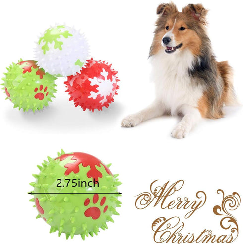 Vehomy Christmas Squeaky Dog Toys - 3Pcs Spicy Dog Chewing Balls with Snowflake Pattern Xmas Dog Stab Ball Cleaning Teeth Toys Balls with High Bounce for Small Medium Large Pet Dogs