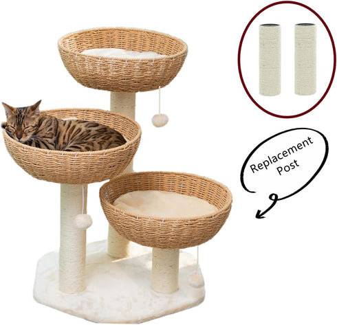 2-Pack 7.87" L, 3.15" Ø Cat Tree Replacement Post with 3 Handwoven Basket Bed, Cat Tower Accessories