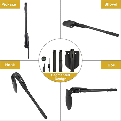 Survival Folding Shovel (28.3'') Camping Multitool with Pickaxe, Compass, Whistle, Molle Bag for Emergency