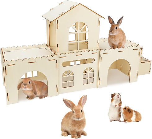 BWOGUE Extra Large Wooden Rabbit Hideout Castle, Detachable Bunny Castle for Rabbits