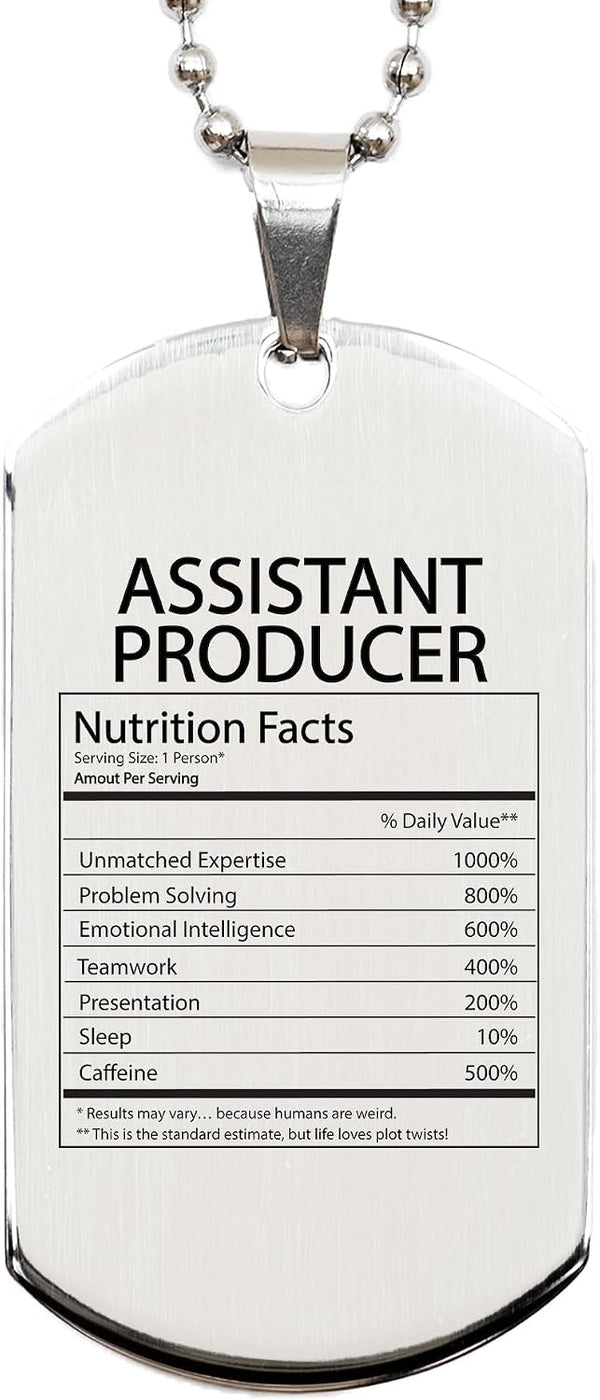 DesiDD Funny Assistant Producer Gifts - Nutrition Facts Dog Tag Necklace for Production