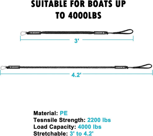 Obcursco 3FT Bungee Dock Lines, Boat Dock Rope, Jet Ski Accessories with 316 Stainless Steel Clip (2 Pack, Black)