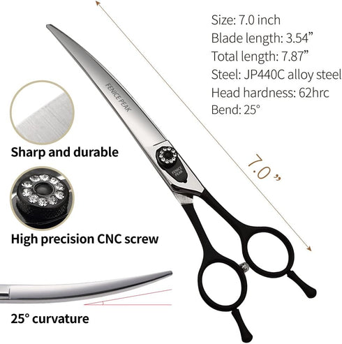 FENICE PEAK Dog Grooming Curved Scissors, Japan 440C Stainless Steel, Sharp Blade, 7.0 Inch for Pets