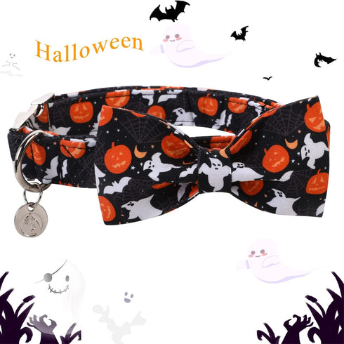 DOGWONG Halloween Black Ghost Dog Collar with Removable Bow Tie, Soft Comfy Adjustable Fall Pet Collar for Small Medium