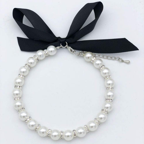 Diamond Dog Pearls Necklace for Small Dogs, Bling Rhinestones Cat Wedding Collar, Size S, Snow White