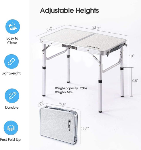 Folding Camp Table Small, 24''L x 16''W with Adjustable Height Legs for Indoor Outdoor Lightweight Dining