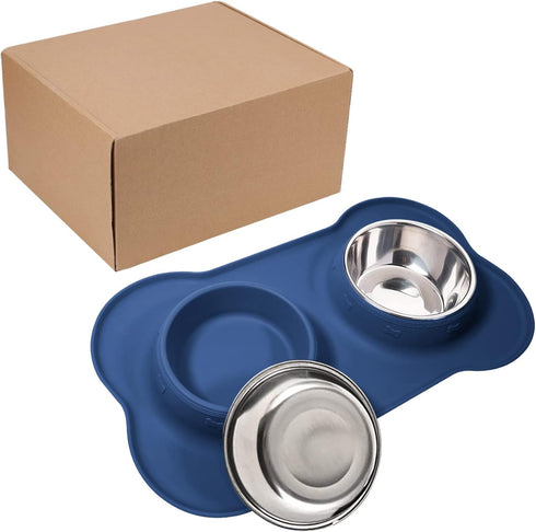 AsFrost Dog Food Bowls, Stainless Steel Set with Non-Slip Silicone Mat, Dog Dishes for Small Medium Dogs, Blue