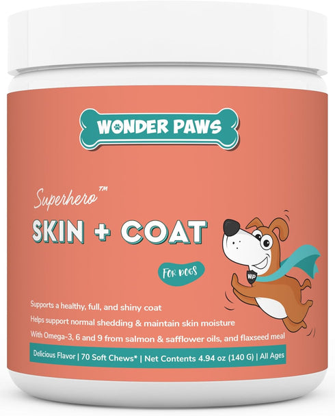 Skin & Coat Supplement for Dogs with Salmon Oil, Omega 3 & 6, 70 Soft Chews for Healthy Skin