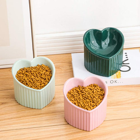 Green Ceramic Raised Cat Bowls, Tilted Elevated Food or Water Bowls, Dishwasher and Microwave Safe, Lead Free