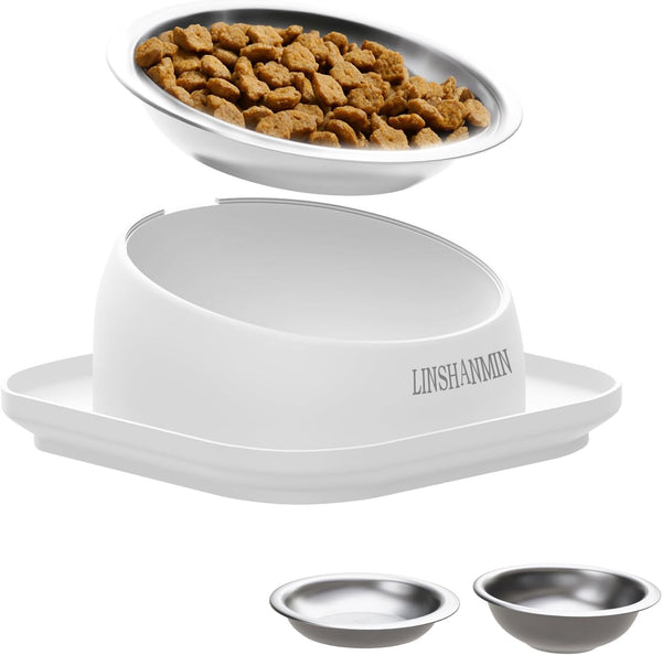 Cat Bowls Elevated Tilted Whisker Friendly - Shallow Stainless Steel Food Dishes for Indoor Cats, Elevated Design