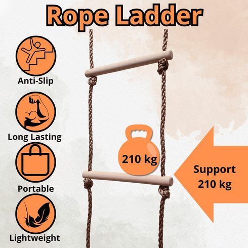 Everest's Toys 6,5 (2m) Boat Rope Ladder ft with Spring Hooks - Marine Wooden Rungs - Portable - Compact - Multipurpose