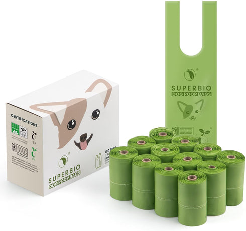 SUPERBIO Handle Tie Dog Poop Bags,12 Rolls,180 Bags,Extra Thick and Strong, OK