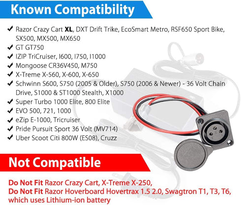 MX500, MX650, SX500 GT750, I1000, M750, X-600, ST1000 3 XLR Charging Port Socket for Razor Razor Crazy Cart McGrath