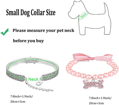Rhinestones Dog Collar and Pearl Necklace Set, Adjustable Bling Full Diamond Collar for Small Cats and Puppies