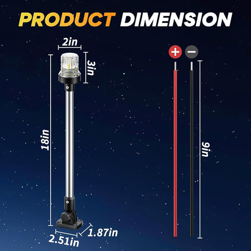 18 Inches IP67 (12-24V) Boat Stern Light Anchor Light LED Marine, Waterproof Fold Down White Back Boat Navigation